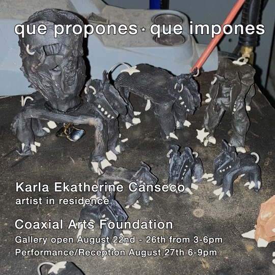 The square image has black outlined white text reading the details of the public events held during Karla’s residency. Creature like brown sculptures sit on a dark table surface as the background image.