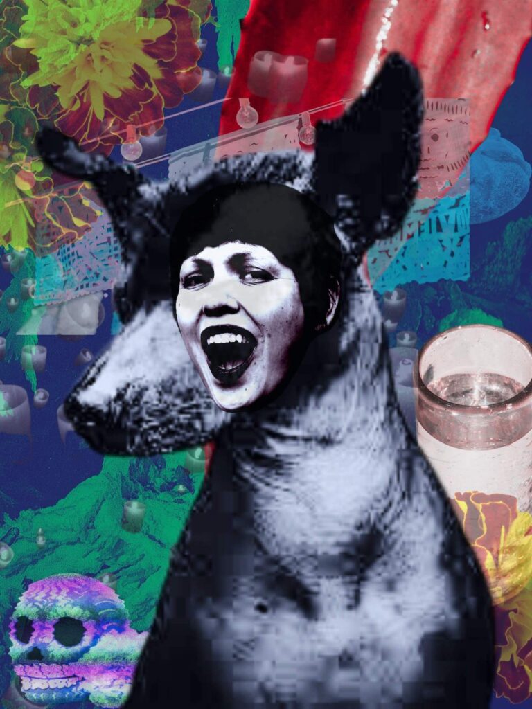 A digitally made image of Carmina Escobars's portrait is imposed into an animal figure's face, the image is surrounded by multiple colors, a candle to the right and a skull in the lower left corner. 