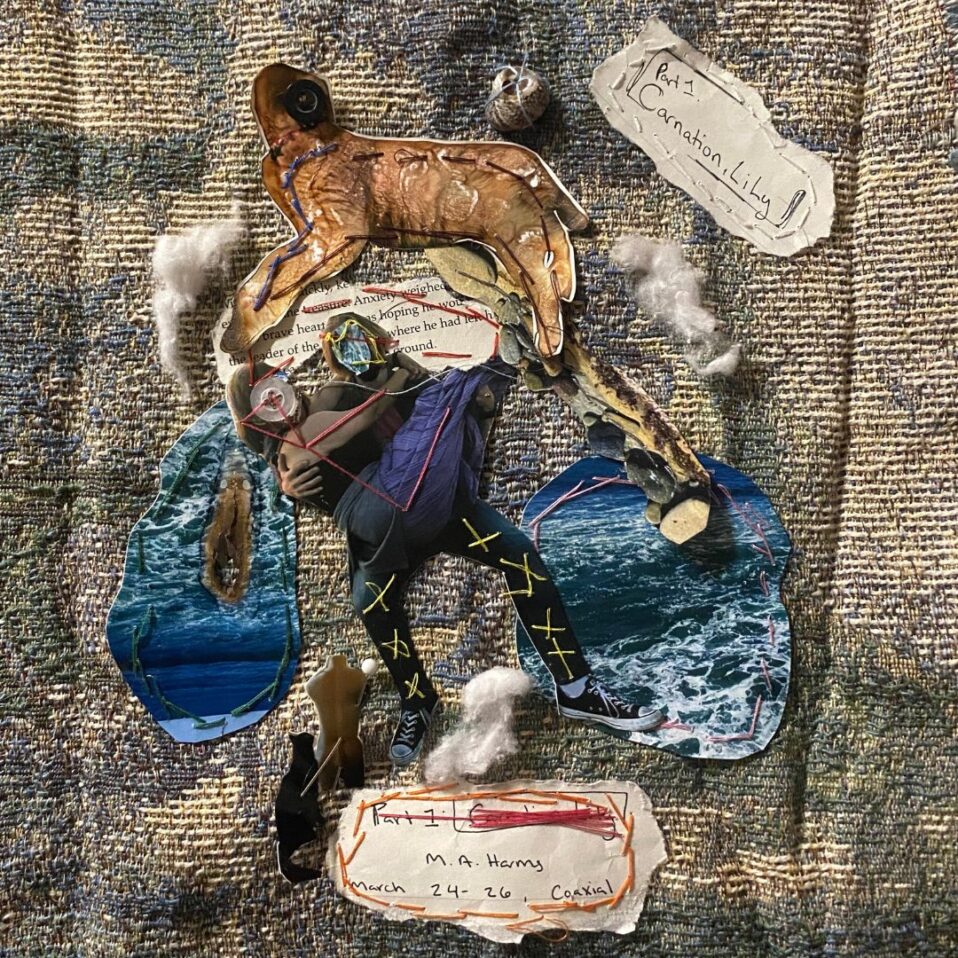 An arrangement of torn and textured fabrics and image filled papers with written words and sewn lines.